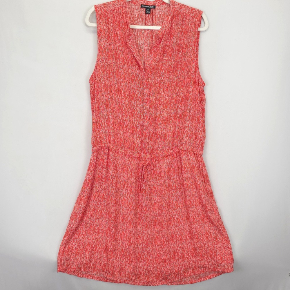 Hilary Radley Dress Womens 12 Red White Sleeveless V-Neck Drawstring Lined Print